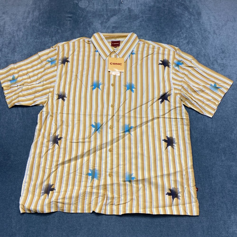 Conic Shirt Mens Large Yellow Floral Striped Classic Short Sleeve Button Up